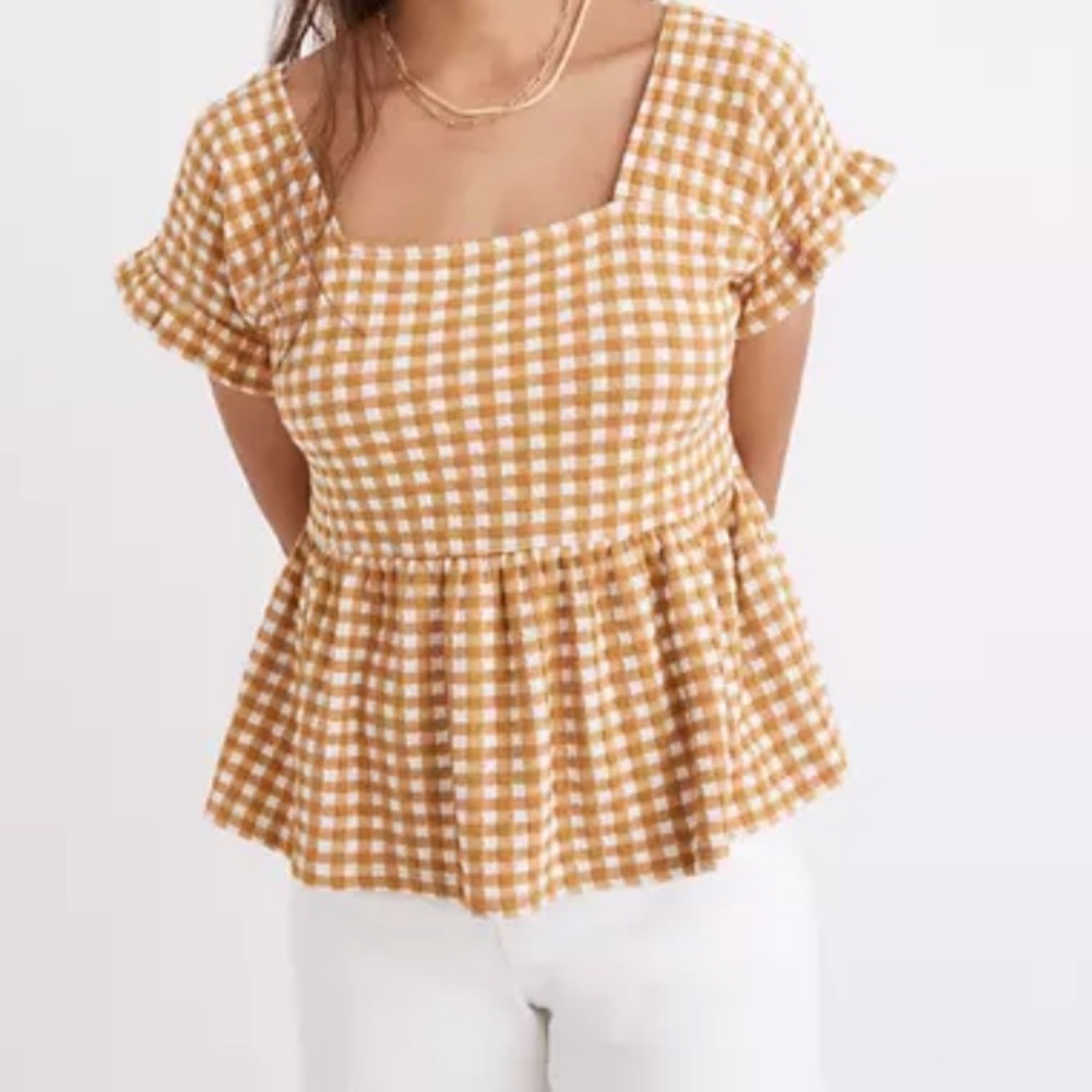 NEW! Madewell Gingham Knit Ruffle Peplum Yellow Blouse Size Large